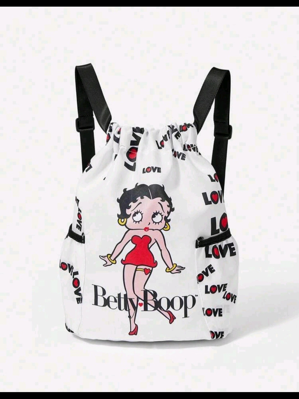 Betty Boop Drawstring Backpack — White with Red & Black Print